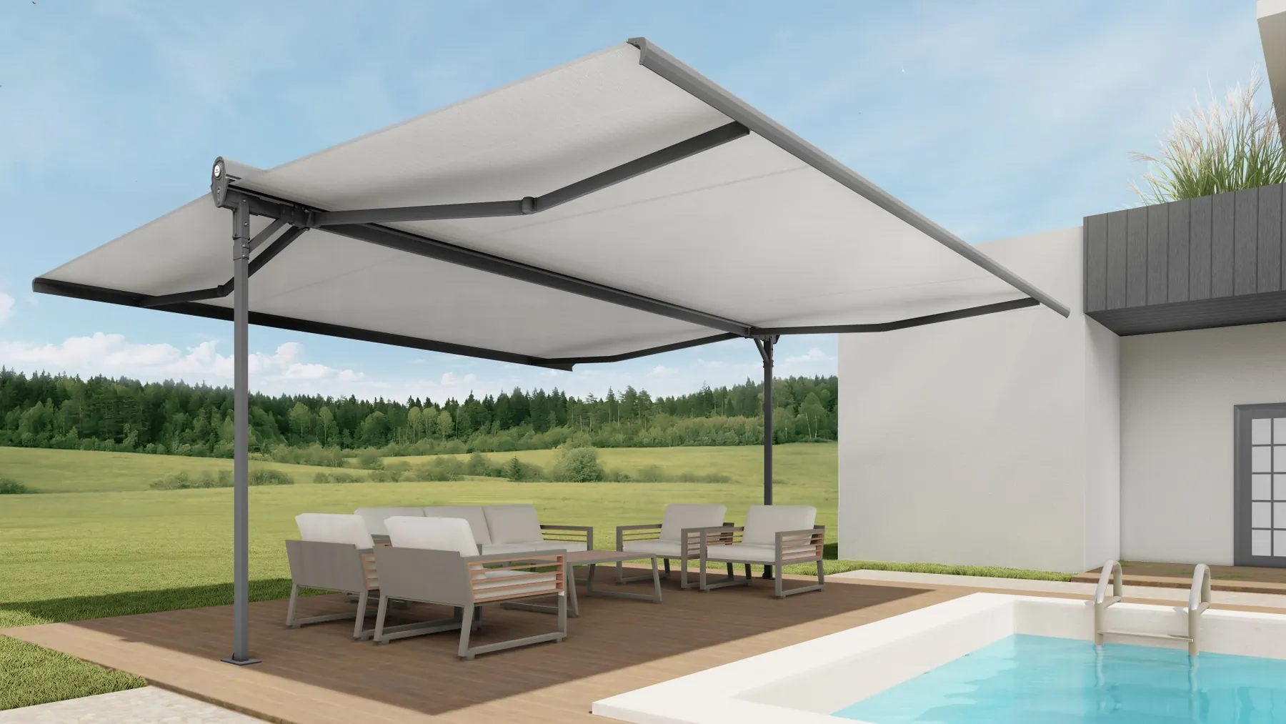 Toldo doble Duox sobre un deck junto a una pileta